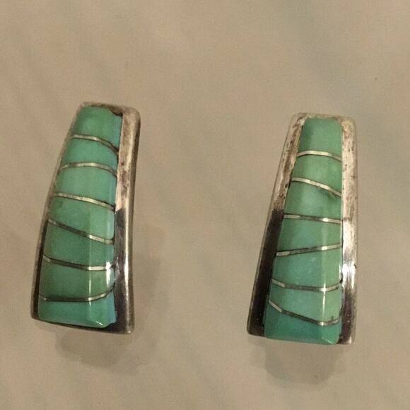 Vintage Zuni Darren Tsalate Turquoise Channel Inlay Earrings - Picture 1 of 5